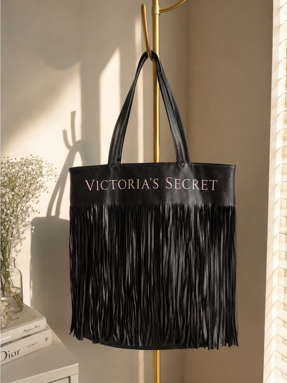 Victoria’s Secret Black Fringe Tote Bag Pink Logo Faux Leather Western Boho